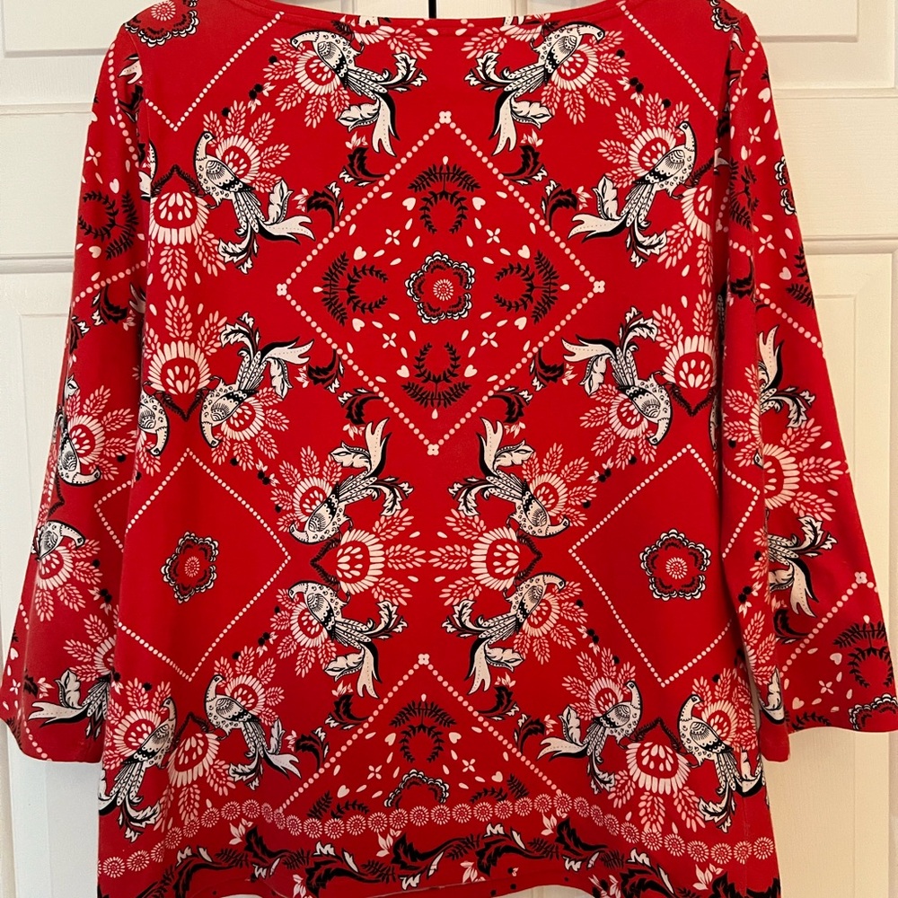 Talbots Red, Black & White Bird/Floral Long Sleeve Top Size LP - Picture 6 of 6